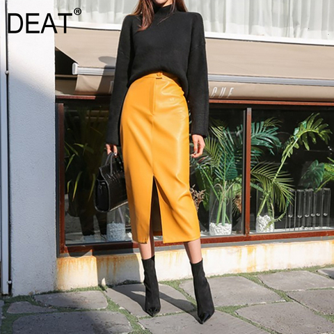 DEAT 2022 Fast Delivery New Fashion Korean Female PU Leather High Quality Mid-calf Length Spit Sexy High Waist Skirt AY095 ► Photo 1/6