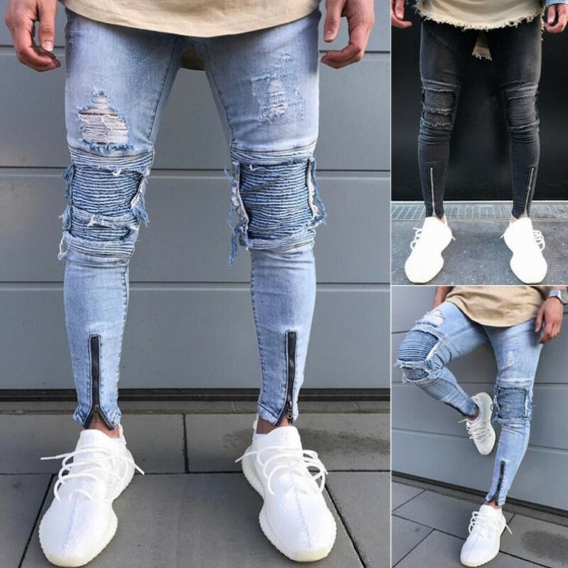 Men Jeans Ripped Skinny Distressed Destroyed Straight Fit Zipper Jean
