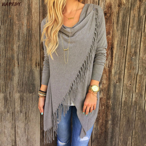 Fashion Spring Autumn Cardigans Tops Women Casual Loose Long Sleeve Irregular Hem Tassel Cardigan Cape Poncho Black Gray CA6855 ► Photo 1/6