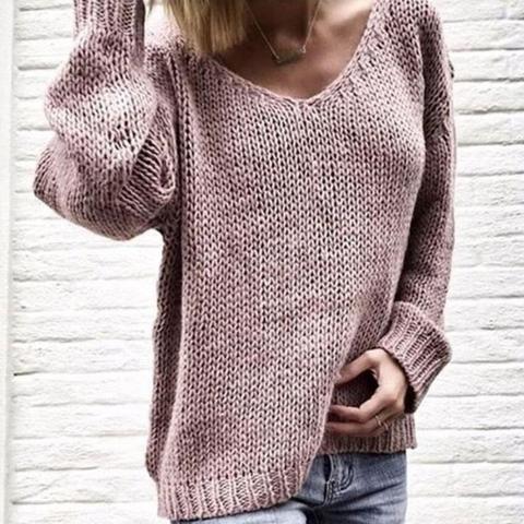 2022 Casual Women Loose Solid Color Knitted Sweater V Neck Long Sleeve Top Women's Clothing свитера женские  pull femme ► Photo 1/6