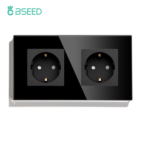 BSEED Double Socket EU Socket EU Standard Wall Socket 3 Colors White Black Gloden Crystal Glass Panel 16A 110V-240V ► Photo 1/6