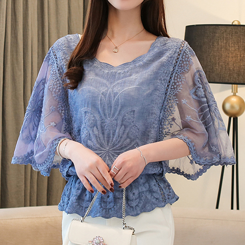 New Loose Blouse O-Neck 2022 Summer Full Cotton Edge Lace Blouses Shirt Butterfly Flower Half Sleeve Women Shirt Fashion 86F ► Photo 1/6