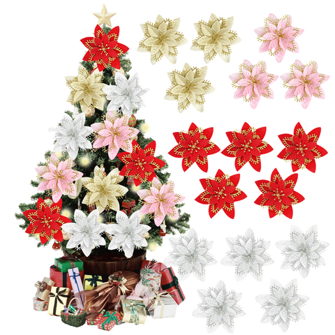 10 Pcs Christmas Glitter Poinsettia Flowers Decorative Artificial Flowers for Christmas Tree Ornaments 13cm faux silk flower ► Photo 1/4