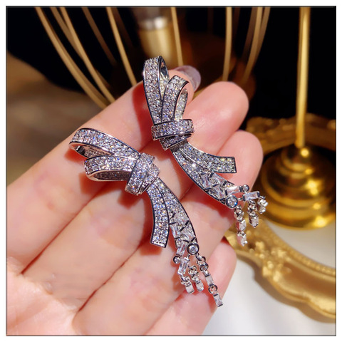 High Quality 925 Sterling Silver Sparking AAA Zircon Earrings Bow Knot Tassel Pendant Long Earrings Female Temperament Earrings ► Photo 1/6