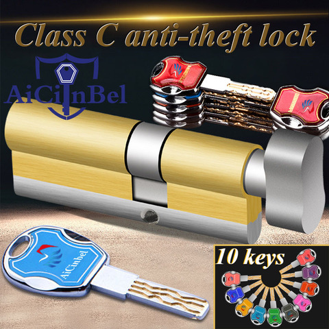 Door Cylinder 60 65 70 75 85 90MM Security Copper Lock Cylinder Interior Bedroom Living Handle Brass C Class Lock with 10 Keys ► Photo 1/6