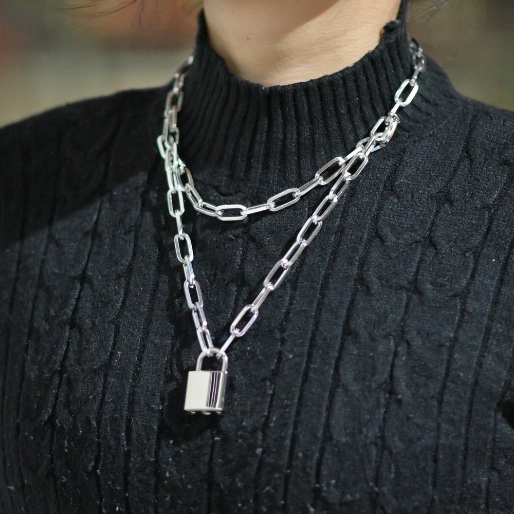 Lock & Chain Necklace by Funk Plus (Silver Chain, Various Color