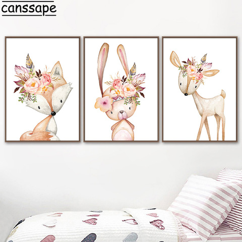 Flower Rabbit Canvas Painting Woodland Animals Poster Nordic Fox Deer Picture Baby Room Wall Art Pictures Nursery Prints ► Photo 1/6