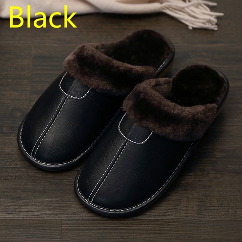 FONGIMIC Men Slippers Black New Autumn PU Leather Slippers Warm Indoor Slipper Waterproof Home Shoes Men Warm Leather Slippers ► Photo 1/6