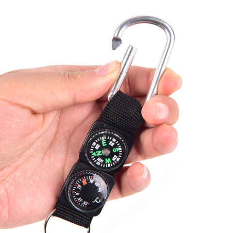 3 in 1 Camping Climbing Hiking Mini Carabiner w/ Keychain Compass Thermometer hanger Key Ring Black ► Photo 1/6