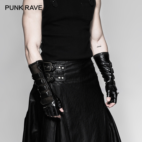 PUNK RAVE Steampunk Black Locomotive Men Long Gloves Gothic Fashion Rock Rivets Mesh+PU Leather Coated Male Rivet Glove One Pair ► Photo 1/1