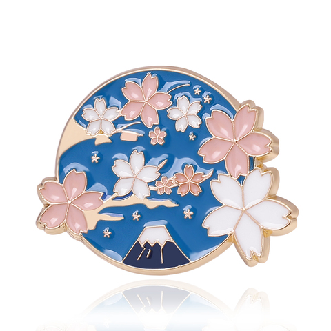Charm Pink Cherry blossoms Brooch Enamel Pin Mountain Blue Sky Lapel Pins Collection Jewelry Gifts ► Photo 1/6