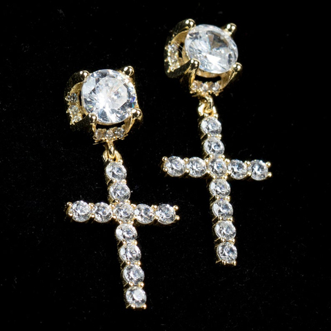 Punk Gold Color Cross Stud Earrings Hip Hop White Litter Rhimestone Jewelry Piercing Studs For Women Or Men Ear Accessories ► Photo 1/6