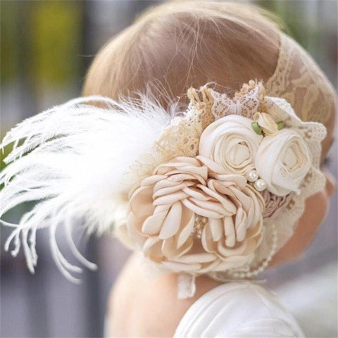 Vintage Flower Headband Baby Girls Headwraps Newborn Photography Props Gifts Lace Elastic Hair Bands Pearl Feather Accessories ► Photo 1/6