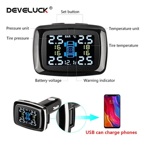 Develuck Car TPMS Cigarette Lighter Wireless Universal TPMS Digital tpms Tire Pressure Alarm System 4 External Internal Sensor ► Photo 1/6