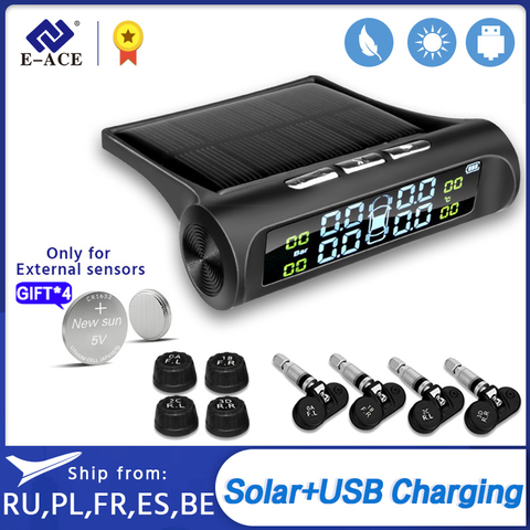 E-ACE Solar Power TPMS Car Tire Pressure Alarm Monitor System Auto Security Alarm Systems Tyre Pressure Temperature Warning ► Photo 1/6
