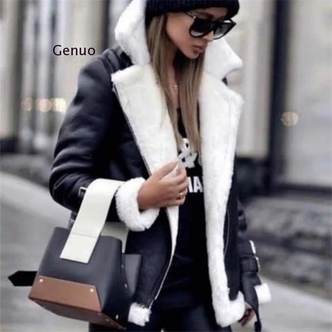 Women's Winter Thicken Warm Jacket Coats Lapel Pu Leather Jackets Long Sleeve Diagonal Zipper Coat Lamb Fur Jacket Outwear ► Photo 1/6