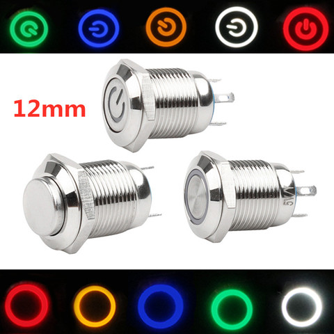 12mm Waterproof Metal Push Button Switch LED Light Black Momentary Latching Car Engine PC Power Switch 5V 12V 24V 220V Red Blue ► Photo 1/6