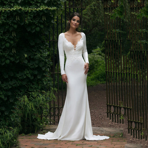 V Neck Floor Length Long Sleeve Mermaid Wedding Dress 2022 See Through Illusion Back White Bridal Gowns with Lace Appliques ► Photo 1/6