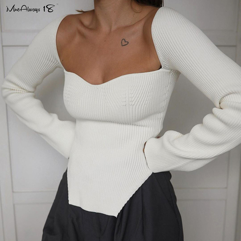 Mnealways18 Asymmetrical White Knitted Blouse  Women Sexy Long Sleeve Bodycon  Blouse Black Ladies Basic Knitwear Tops Fashion ► Photo 1/6