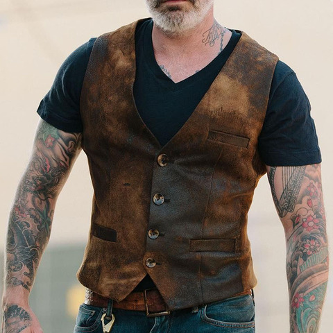 Vintage Suit Vest Men 2022 Brand Retro Mens Sleeveless Waistcoat Gilet Homme Casual Slim Fit Gentleman Business Cowboy Vests 3XL ► Photo 1/4