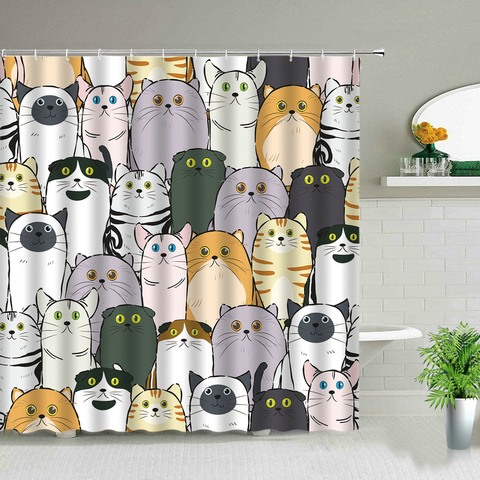 Cat Printed Shower Curtain Cartoon Lovely Animal Bear Waterproof Polyester Hanging Curtains Bathroom Bathtub Decor with Hooks ► Photo 1/6