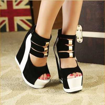 2022Woman Shoes Summer Genuine Women Platform Thick Soles Sandals Wedges High Heel 14cm Peep Toe Mixed Colors Sexy Shoes ► Photo 1/6