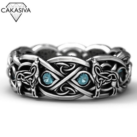Celtic Wolf Zircon Ring Wolf Totem 925 Silver Dyed Black Ring Vintage Stone Thai Silver Ring ► Photo 1/4
