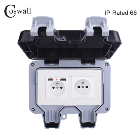 Coswall IP66 Weatherproof Waterproof Outdoor Wall Power Socket Double French Standard Outlet With Dual USB Charging Port 2.1A ► Photo 1/6