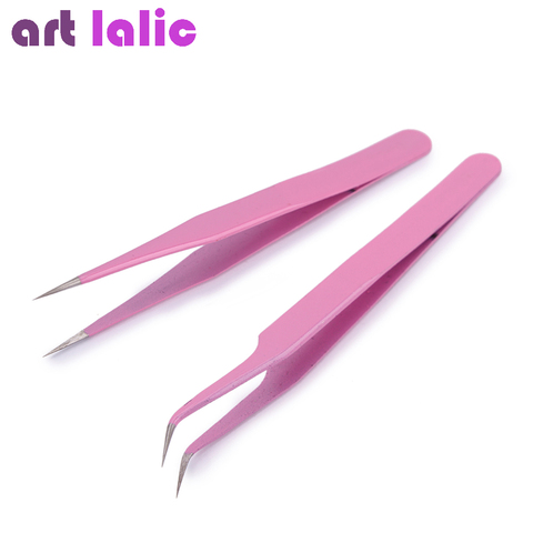 2pcs Pink Stainless Steel Tweezers Straight Curved Pick Up Tools Eyelash Extension Pointed Nipper Clip Manicure Nail Art Tool ► Photo 1/1