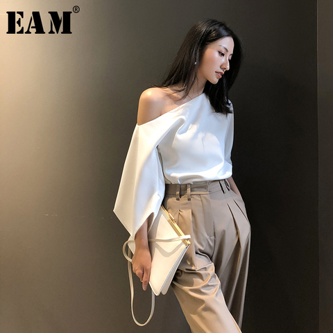 [EAM] Women White Elegant Blouse New Skew Collar Three-quarter Sleeve Loose Fit Shirt Fashion Tide Spring Summer 2022 1W426 ► Photo 1/5