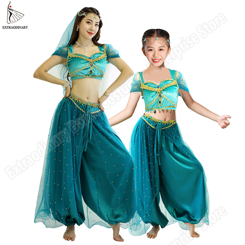 Belly Dance Jasmine Princess Costume Aladdin Halloween Outfit Princess Teal For Women Girls Bollywood Top Pants Veils Children ► Photo 1/6