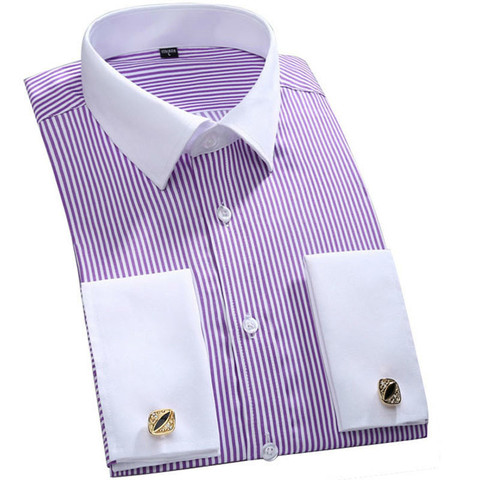 Quality & Gentle Formal Mens French Cuff Dress Shirt Men Long Sleeve Solid Striped Style Men's Shirts Cufflink Include Plus Size ► Photo 1/6