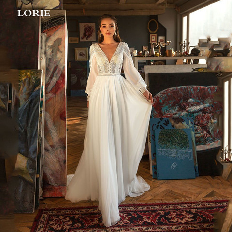 LORIE Bohemian Wedding Dresses Puff Sleeve Lace V Neck Bridal Gown 2022 Backless Vestido De Novia Wedding Party Gown Custom Made ► Photo 1/5