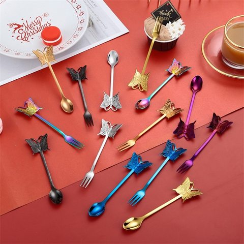 Stainless Steel Coffee Spoon Butterfly Design Fruit Fork Stirring Milk Teaspoon Dessert Snack Scoop Ice Cream Spoons Tableware ► Photo 1/1