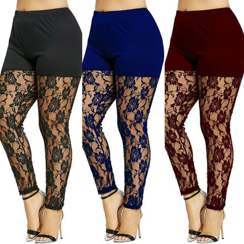 New Women Casual Skinny Pants Leggings Fashion Patchwork Print Mesh Elastic Waist Full Pencil Leggings Plus Size US ► Photo 1/6