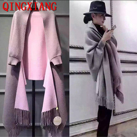 2022  Women Cloak Solid Designer Long Batwing Sleeves Outside Autumn Stole Winter Knitted Poncho Female Vintage Shawl ► Photo 1/6