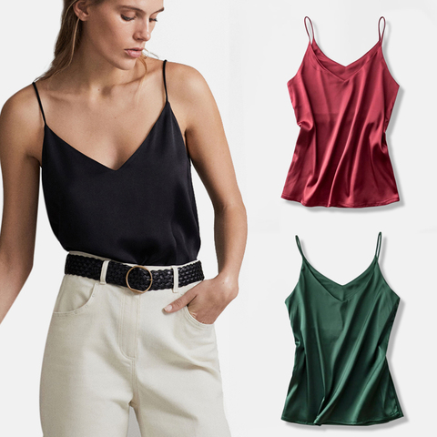 Spaghetti Strap Women Halter V Neck Basic White Cami Sleeveless Satin Silk Tops Women'S Summer Camisole Plus Size - history & Review | AliExpress Seller - BestStorage Store | Alitools.io