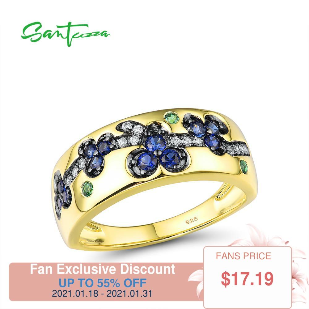 SANTUZZA Silver Rings For Women Pure 925 Sterling Silver Gold Color Sparkling Blue Stones Delicate Flowers Trendy Fine Jewelry ► Photo 1/6