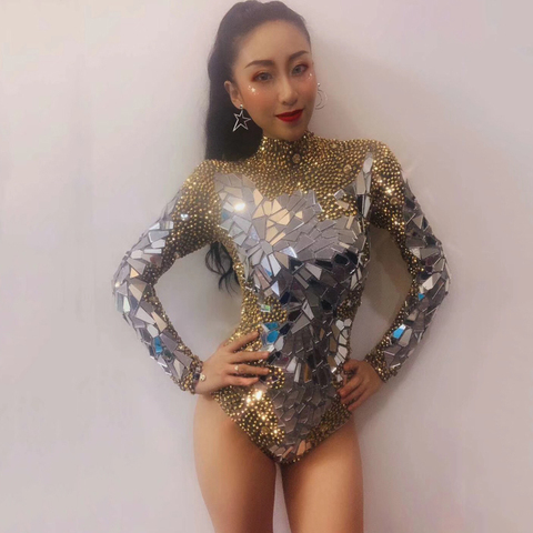 Sparkly Gold Rhinestones Mirrors Shining Bodysuit Women Birthday Celebrity Prom Party Outfit Singer Stage Rompers Dance Costume ► Photo 1/6