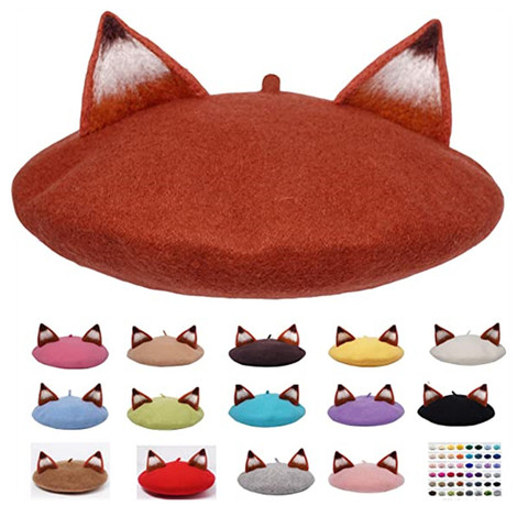 Women Winter Nick Fox Ear Beret Handmade Adult Size Hat Vintage Painter Wool Cap Gift High Quality Wholesale ► Photo 1/6