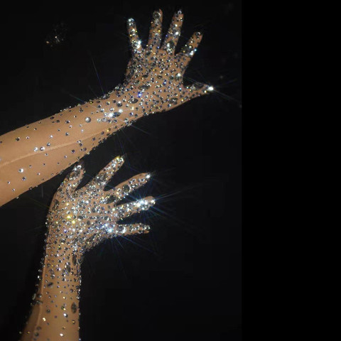 Fashion Stretch Rhinestone Gloves Women Sparkling Crystal Mesh Perspective Long Gloves Nightclub Dancer Singer Stage Accessories ► Photo 1/6