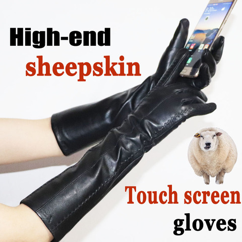 Ladies sheepskin gloves long section autumn and winter warm female leather gloves mid-length sheepskin gloves plus velvet new ► Photo 1/6