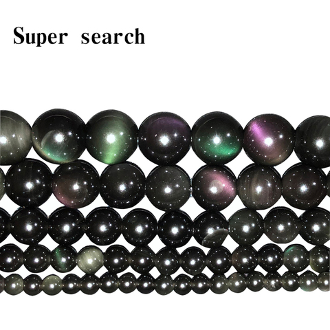 Pick Size 6/8/10/12/14MM Natural Genuine Flash Rainbow Obsidian Stone Round Loose Beads 15