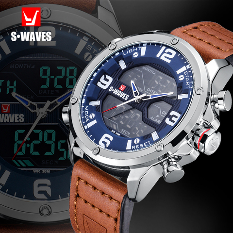 SWAVES Leather Watch Men Military Dual Display Fashion LCD Relojes Para Hombre Waterproof Unique Luxury Alarm Clock Mens Watches ► Photo 1/6