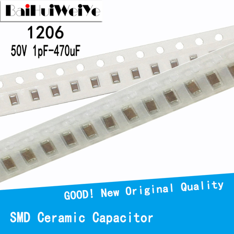 100PCS/LOTE 1206 50V SMD Thick Film Chip Multilayer Ceramic Capacitor 1pF- 22uF 10NF 100NF 1UF 2.2UF 4.7UF 10UF 22PF 2.2pF 47pF ► Photo 1/5