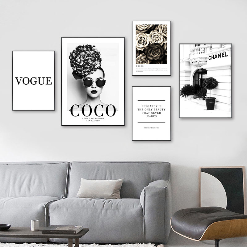 Fashion Flower Woman Poster and Print Coco Quotes Wall Art Canvas Painting  Black White Vogue Pictures for Living Room Home Decor - Price history &  Review
