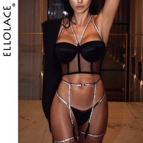 Ellolace Lingerie Sequin Lingerie Set Sexy Push up Bra 3 Piece Set Padded Women's Underwear Set Bra and Thong Sexy Lingerie ► Photo 1/6