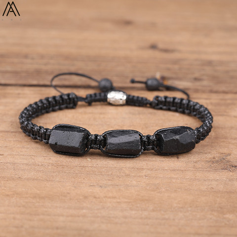 Natural Black Tourmaline Nugget Beads Cord Knotted Braid Bracelet Adjustable Women Black Lava Stone Woven Bracelet ► Photo 1/6