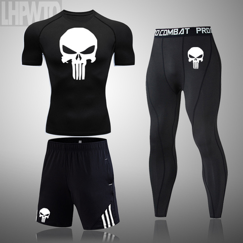 Men Compression MMA set Short T-shirt Tight Sleeve Clothes Men's Pants Fitness  Bodybuild ing Skull Rashguard SportSuit ► Photo 1/6