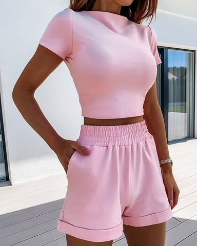 VS&LLWQ 2 Piece Set Women Summer O-Neck Casual Crop Top 2022 Female Clothing Tracksuit Pockets Loose Shorts Two Piece ► Photo 1/6